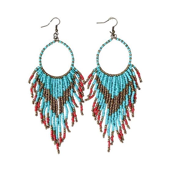 Boho Fringe Seed Bead Dangle Hoop Statement Festival Earrings Turquoise Bronze - Picture 1 of 3